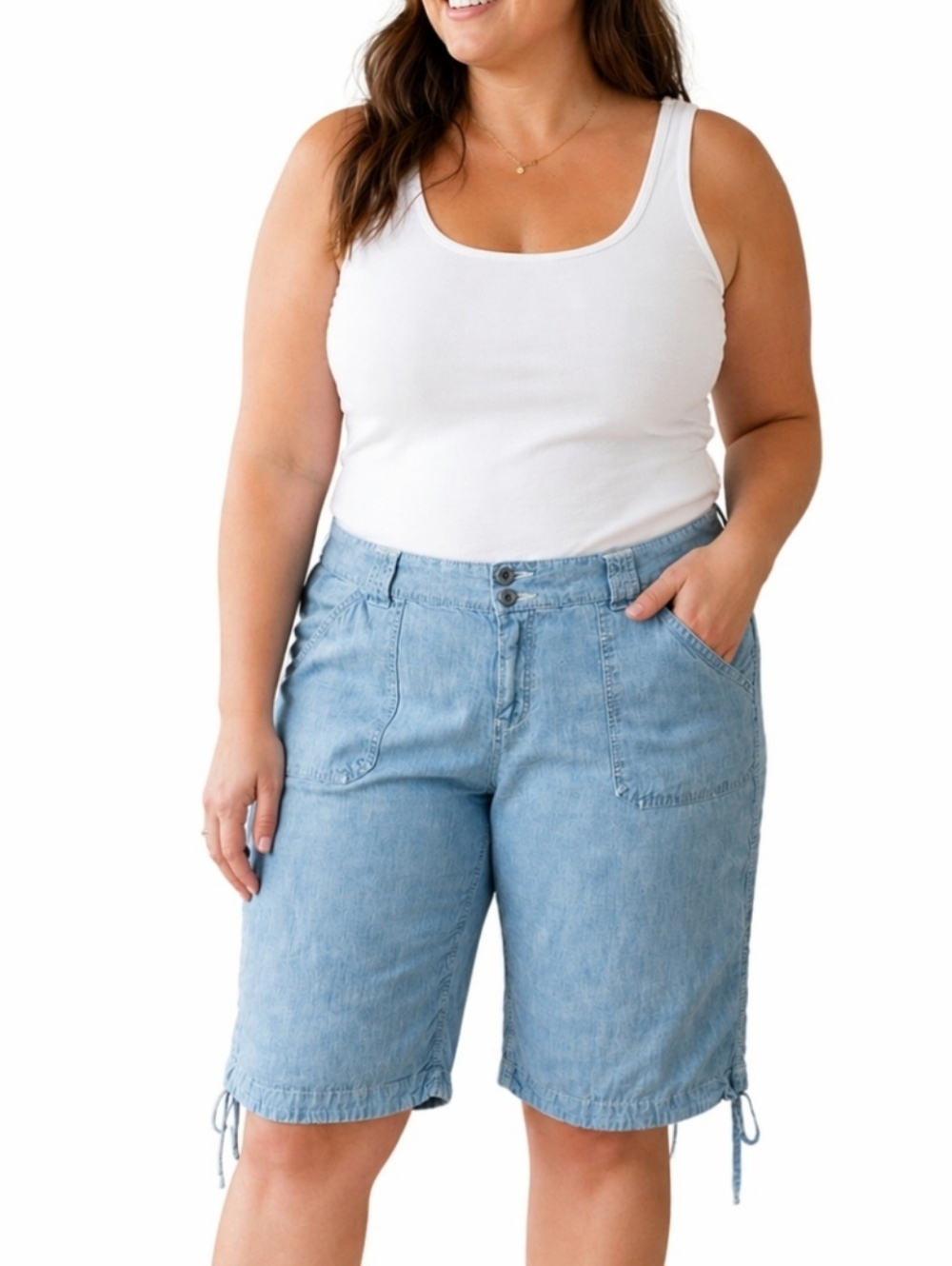 GAP Jeans Chambray Bermuda Shorts Women Size 12 Blue Lightweight Drawstring Hem